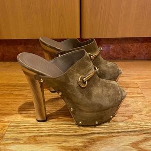 Gucci Olive Suede Platform Mules